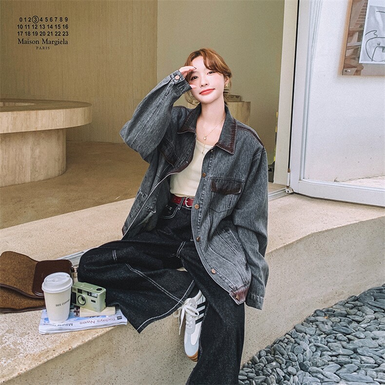 港风复古牛仔撞色外套女2025春秋季新款韩版休闲显瘦翻领夹克上衣,女装短外套,2C262