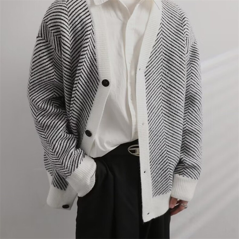 慵懒风毛衣外套男2023秋冬季新款复古针织开衫条纹宽松外穿，男装针织衫/毛衣，四季星座218-1