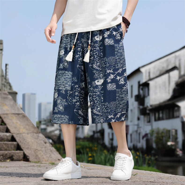 夏季超宽松七分裤棉麻潮流休闲裤风印花直筒A266-1-KZ770-P50,男装牛仔裤,电商A266-1