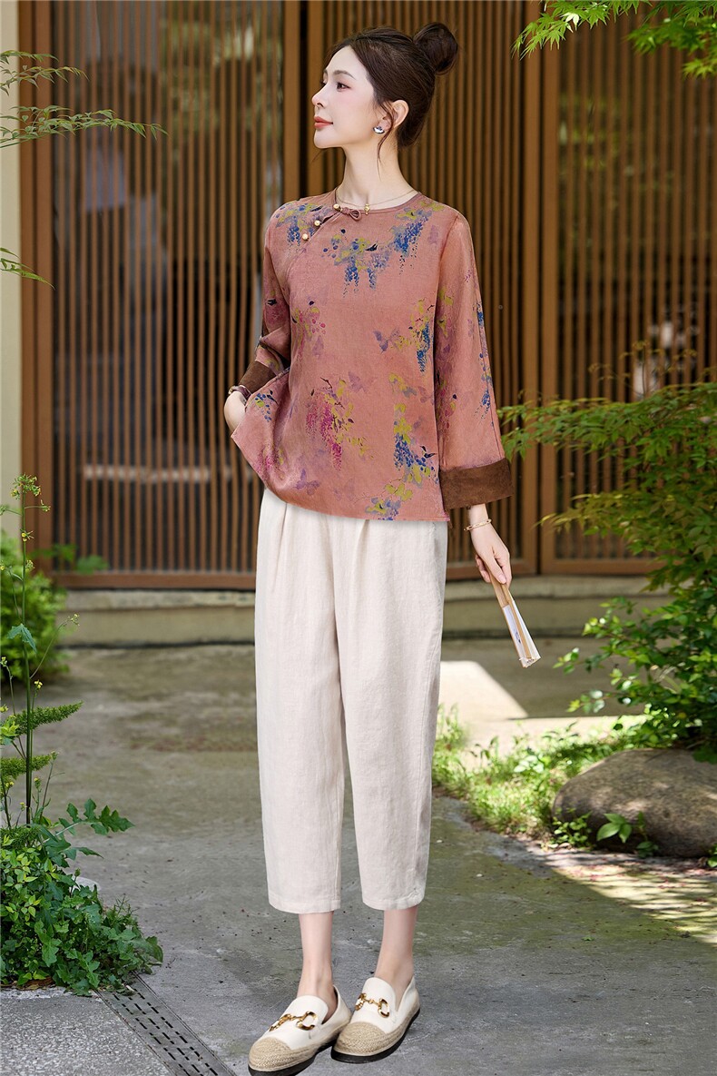 长期有货2026夏装新款复古提花天丝休闲两件套装女中式印花小脚裤,女装套装/套裙,璐依舞