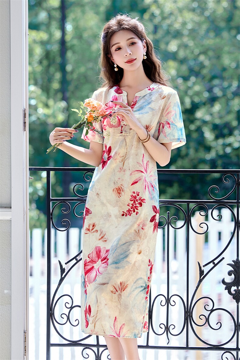新中式连衣裙女夏2025新款国风复古好看盘扣宽松遮肚显瘦中长裙子,女装连衣裙,罗得堡