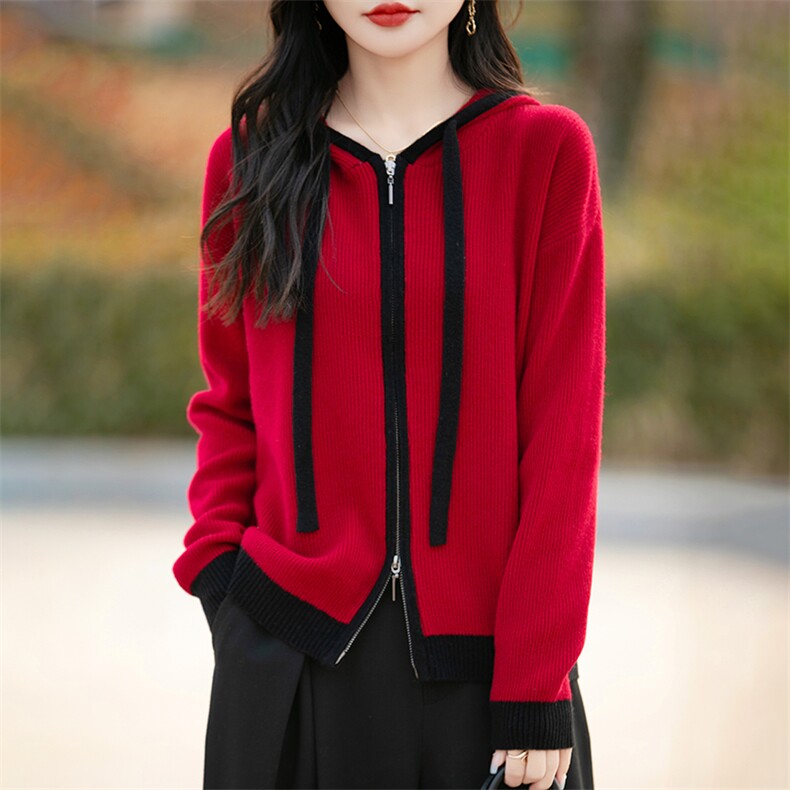 100%纯羊毛连帽开衫女双拉链坑条外套毛衣帽衫宽松拼色羊绒衫上衣，女装羊毛衫，蒙特羊绒