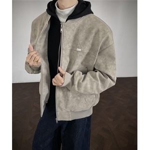 PU皮假两件复古做旧面料金属装饰大码M-5XL夹克男ZX02P90控158图片