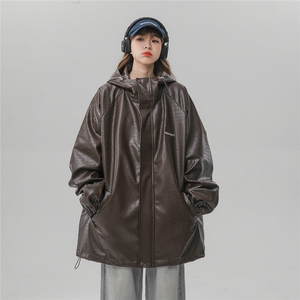 中性连帽鳄鱼纹PU皮衣大码M-5XL情侣冲锋衣夹克男JK8744P90控128图片