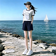 休闲时尚运动套装女夏新款圆领字母印花短袖上衣蓝色短裤两件套潮，女装套装/套裙，江南