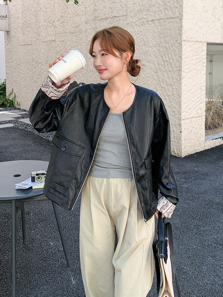 【现货主推】新款圆领短款外套女韩版百搭宽松上衣8512-P165-K248,女装皮衣,浙宝106