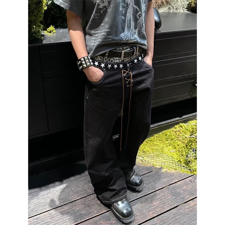原创小众双腰原牛弯刀牛仔裤叠堆设计感显高,男装牛仔裤,四季星座505