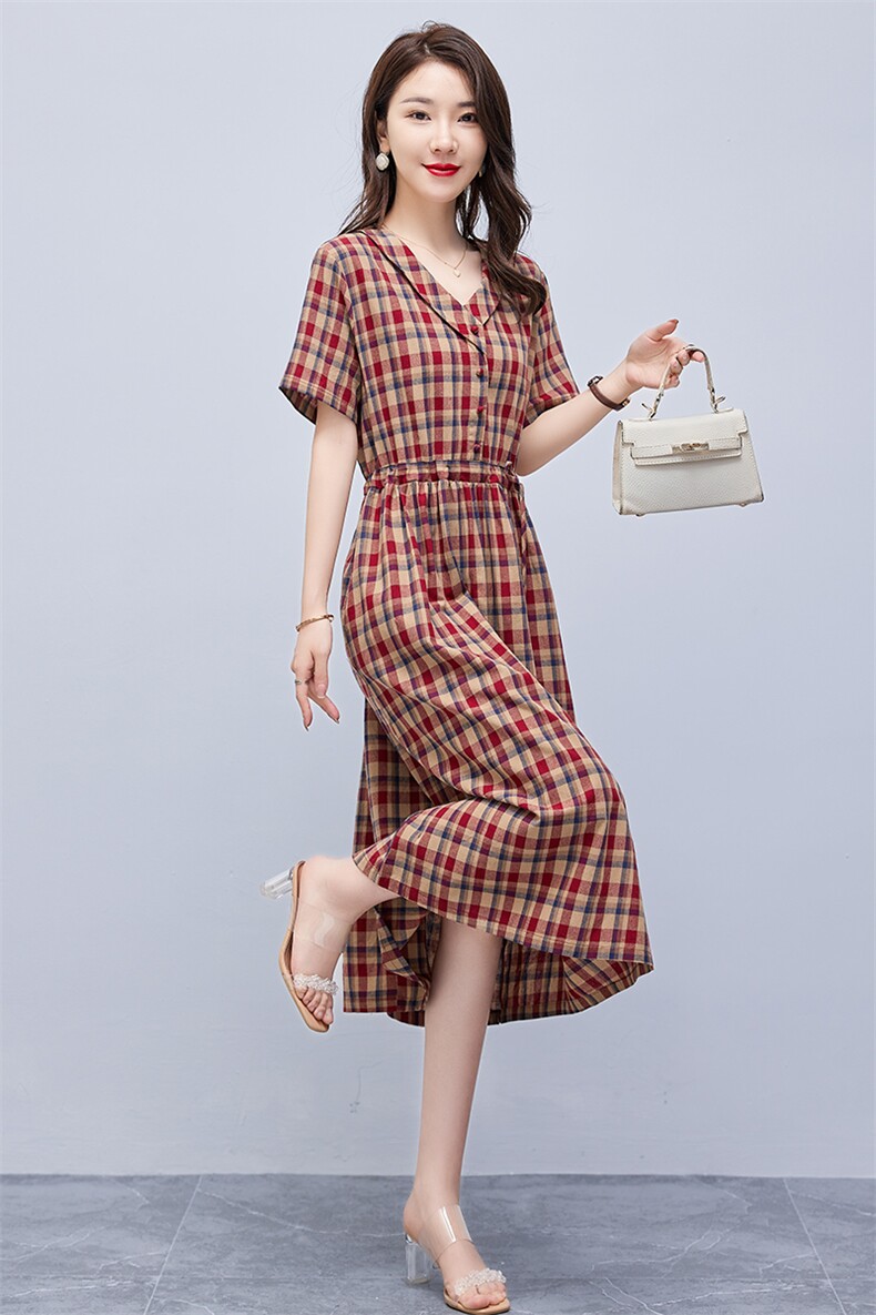 连衣裙2022年夏季潮流舒适简约时尚中长款圆领格子,女装连衣裙,贵人树