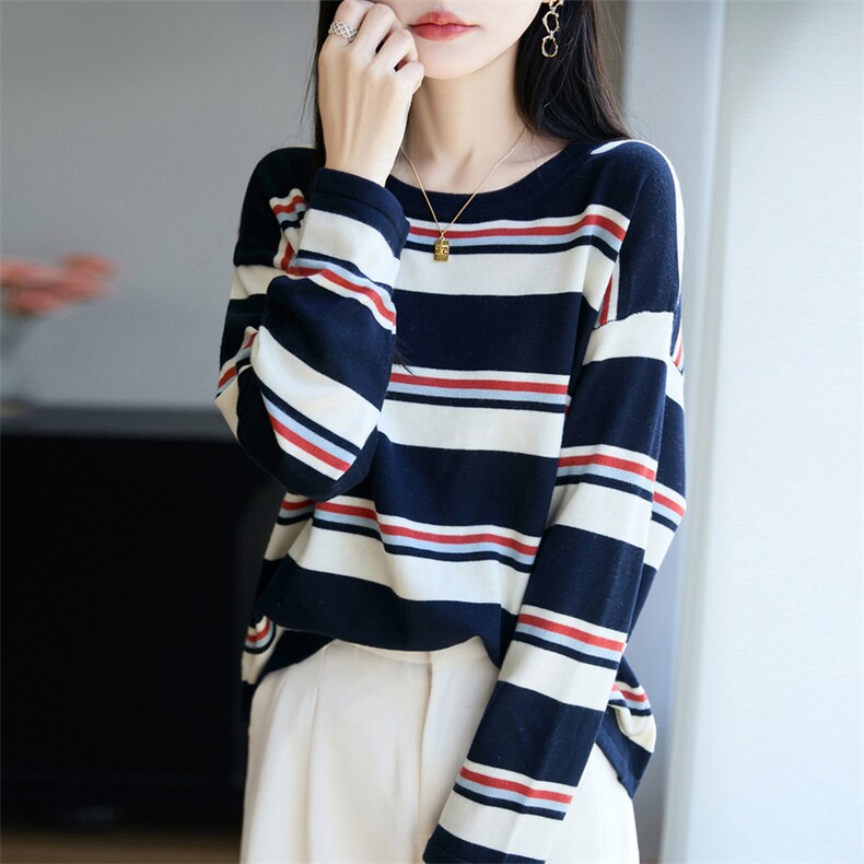 法式复古条纹针织毛衣女2025春秋新款宽松显瘦精纺毛打底毛衫上衣,针织衫/毛衣,唐诺