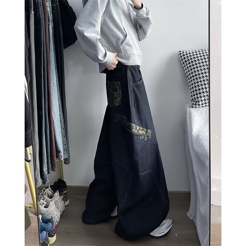 美式复古拼接弯刀牛仔裤阔腿裤CK1379-P59，男装牛仔裤，星座313A-2