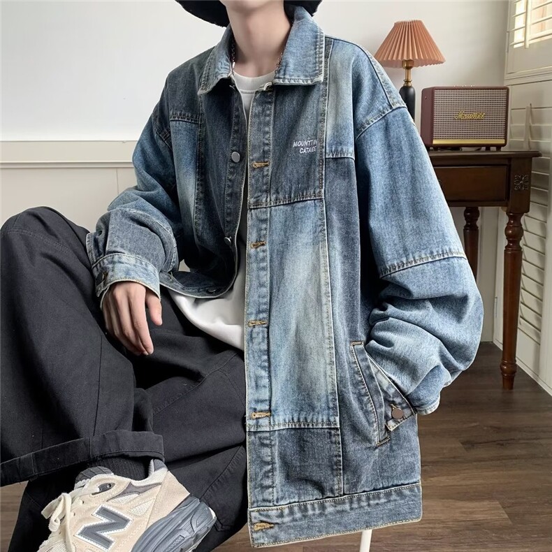 男秋新款日系复古撞色拼接牛仔外套男潮牌宽松翻领水洗休闲夹克潮,男装工装外套,星座302B
