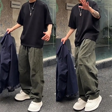 抖音得物纯色简约休闲裤男日系复古宽松束脚口袋装饰工装裤AK10，男装工装外套，电商A443