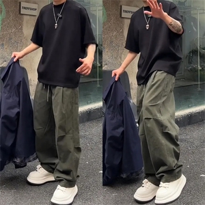 抖音得物纯色简约休闲裤男日系复古宽松束脚口袋装饰工装裤AK10