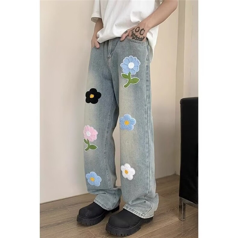 1506-1/K东方服饰7611/P55花朵牛仔裤男款设计感潮牌阔腿裤子高腰,男装牛仔裤,星座1506-1