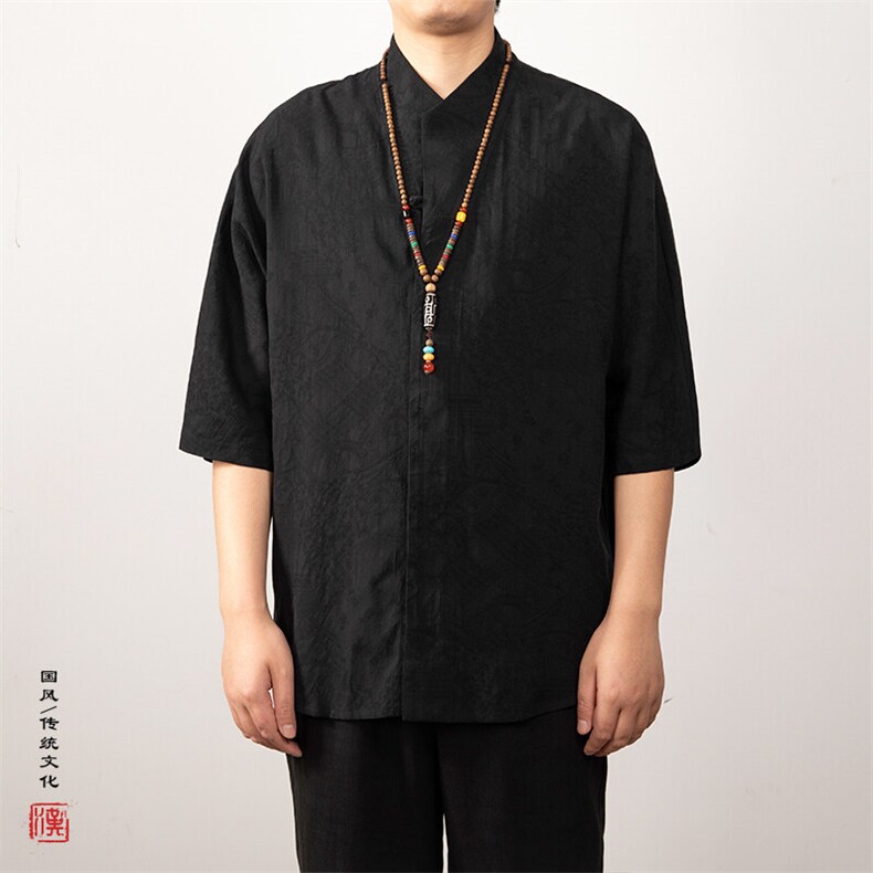 风男装棉麻提花汉服领男士提花五分袖衬衣C27P70,男装衬衫,钱塘802
