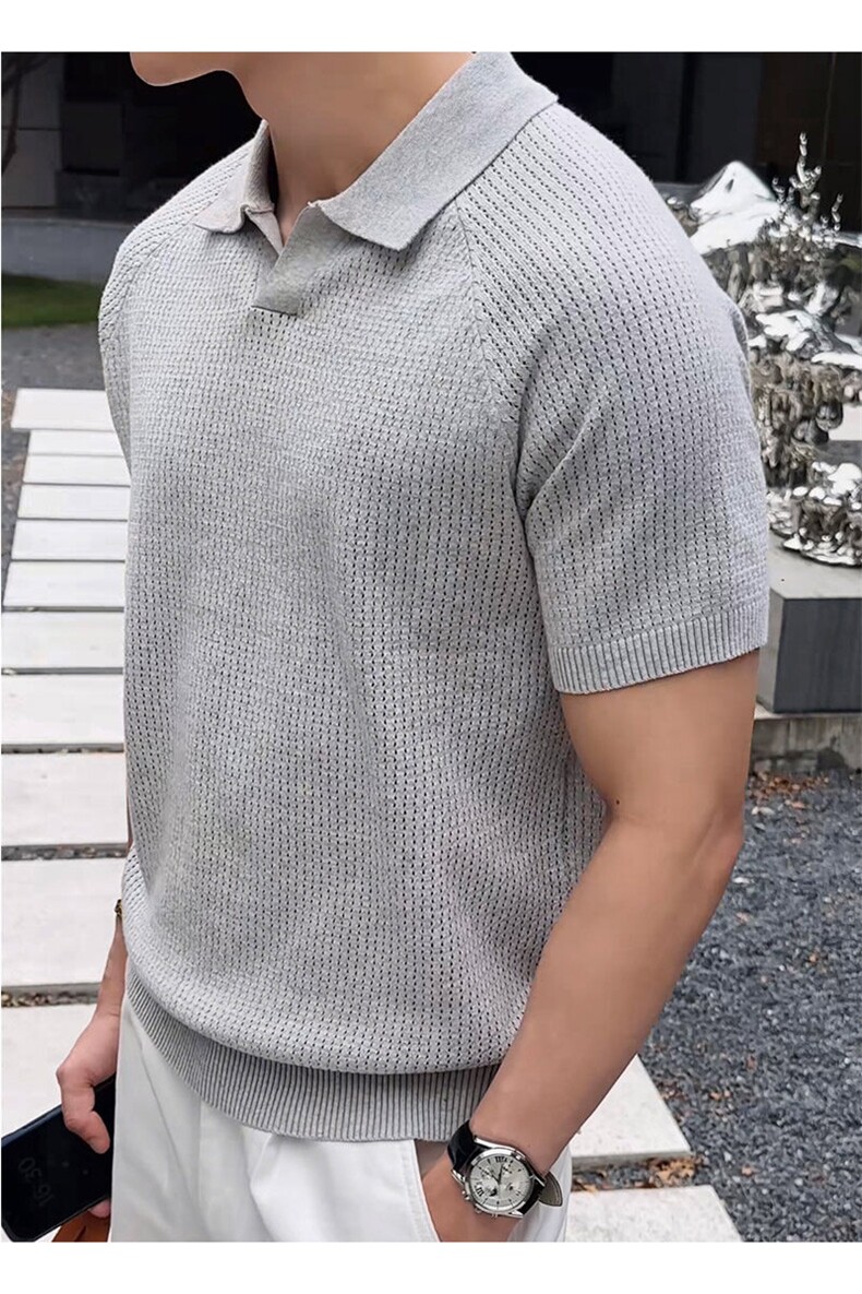 老钱风镂空松弛感设计海鸥领针织短袖POLO衫25279/P55,男装T恤,电商A243