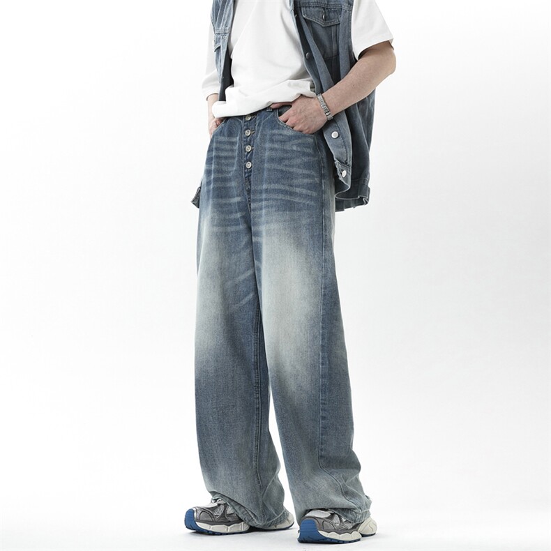 牛仔裤男2024夏季新款美式复古高街宽松直筒水洗做旧垂感阔腿长裤，男装牛仔裤，星座410-6（原星座1304-1）