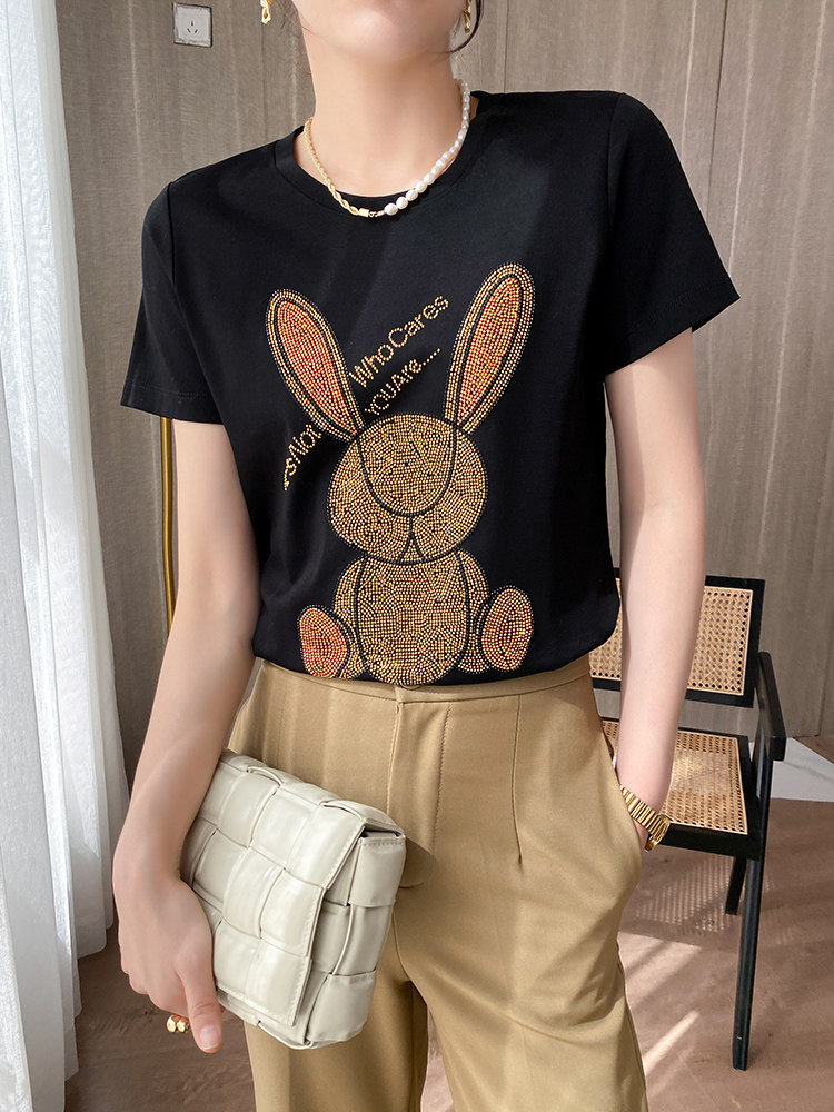 丝光棉休闲设计感个性镶钻T恤女修身纯色宽松亲肤短袖透气吸汗,女装T恤,元素羊绒