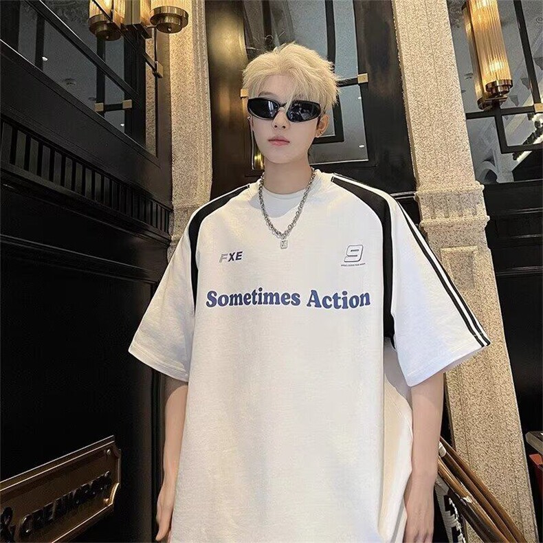 短袖t恤男潮牌夏季宽松五分袖网红潮流ins简约印花上衣T1426p25，男装T恤，电商D315