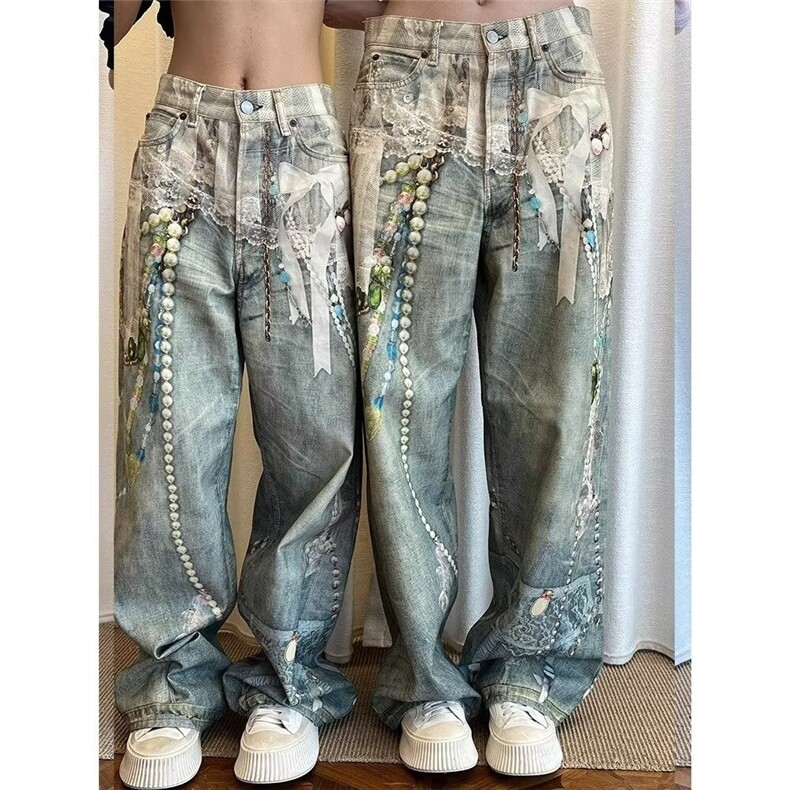 H202-P53 高级感潮牌设计休闲牛仔裤女高腰宽松显瘦直筒图片