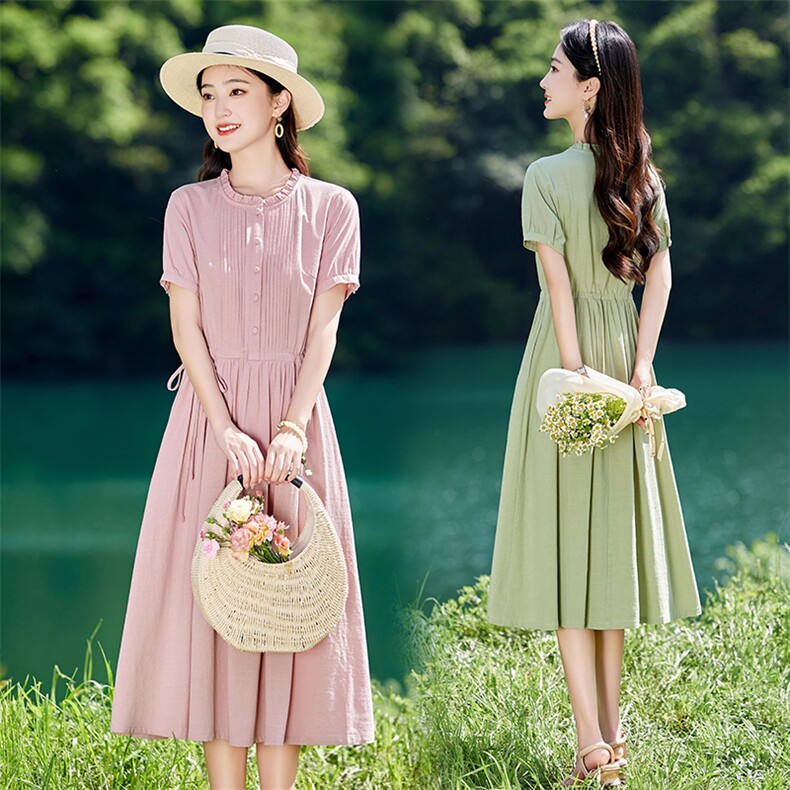 文艺绿色棉麻短袖连衣裙女2026夏季新款系带收腰气质减龄过膝长裙，女装连衣裙，倪叶myz