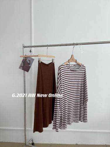 现货秋季新款条纹一字领宽松上衣慵懒风，其它，G