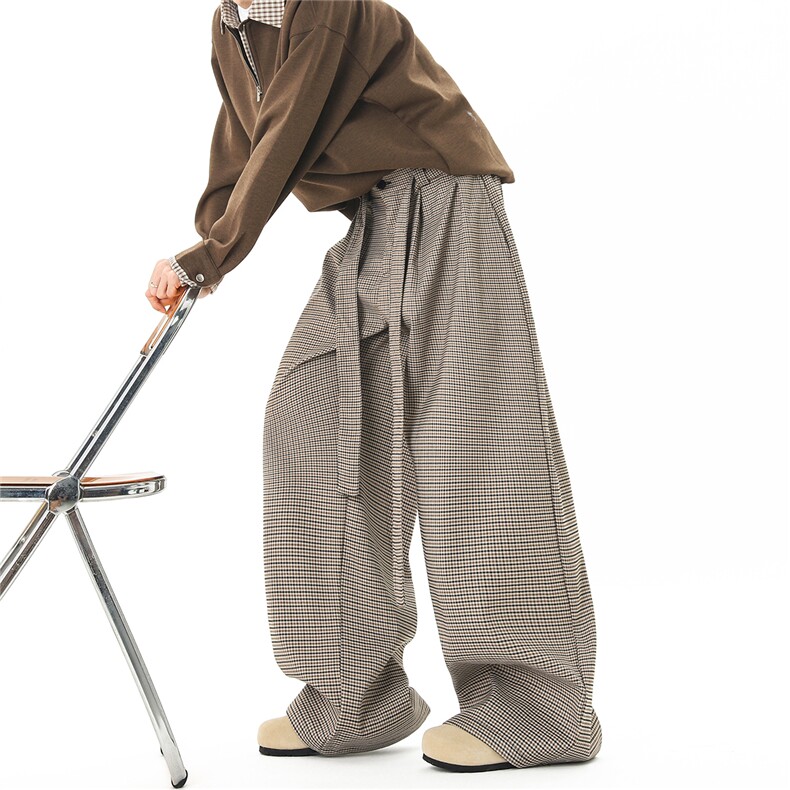 【现货】美式复古棕色格子宽松阔腿休闲裤XZ502-K875-P65控98,男装休闲裤,星座502