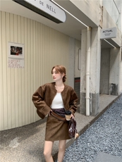 咖色复古高级感麂皮绒套装裙女2025秋季小个子圆领外套短裙两件套，女装套装/套裙，2D034
