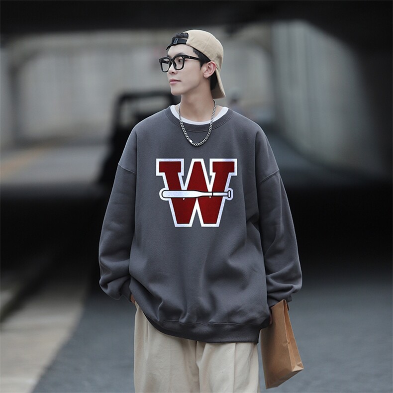 大字母印花宽松圆领卫衣Y137常规版P38加绒版P58白色,男装卫衣,电商B219