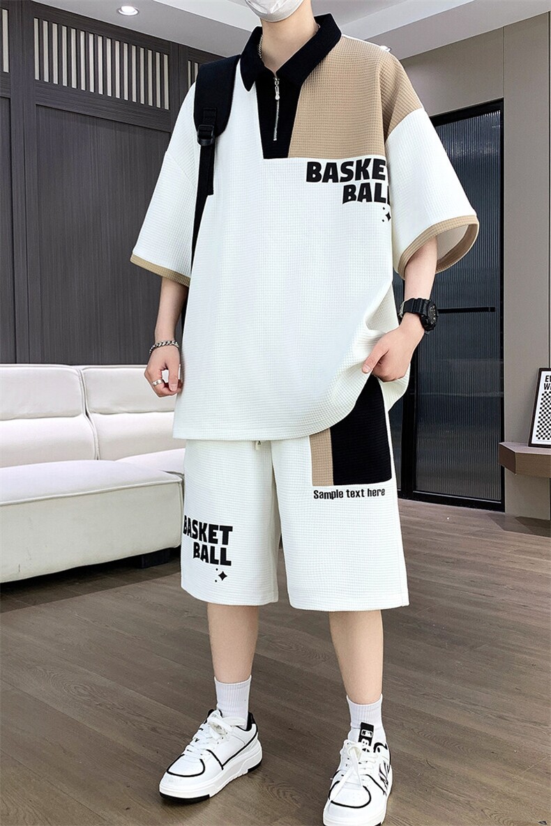 套装男休闲宽松菠萝格冰丝青年翻领短袖T恤短裤两件套-JZ505-P53,男装牛仔裤,星座310B