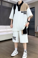 套装男休闲宽松菠萝格冰丝青年翻领短袖T恤短裤两件套-JZ505-P53，男装牛仔裤，星座310B