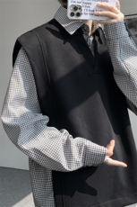 小众撞色面料拼接格子宽松卫衣高街假两件卫衣经典格子假两件P55，男装卫衣，电商B319