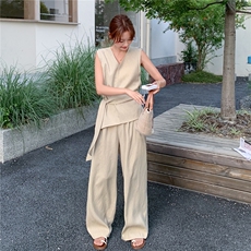 老钱风设计感系带上衣套装女2025夏季新款气质高级感阔腿裤两件套，女装套装/套裙，2C135