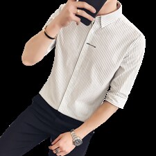 现货2021夏季条纹短袖衬衫韩版休闲7七分袖男士CS10P4569，男装T恤，电商B413