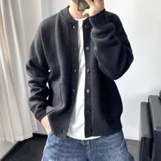 纯色立领针织开衫男秋冬新款宽松休闲慵懒风高领毛衣MYW128，男装针织衫/毛衣，星座516A