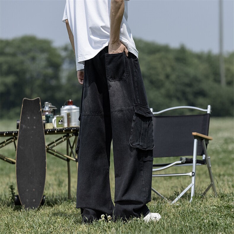 重工多口袋工装牛仔裤男小众水洗做旧高街痞帅宽松阔腿裤8048P55,男装牛仔裤,星座410-2