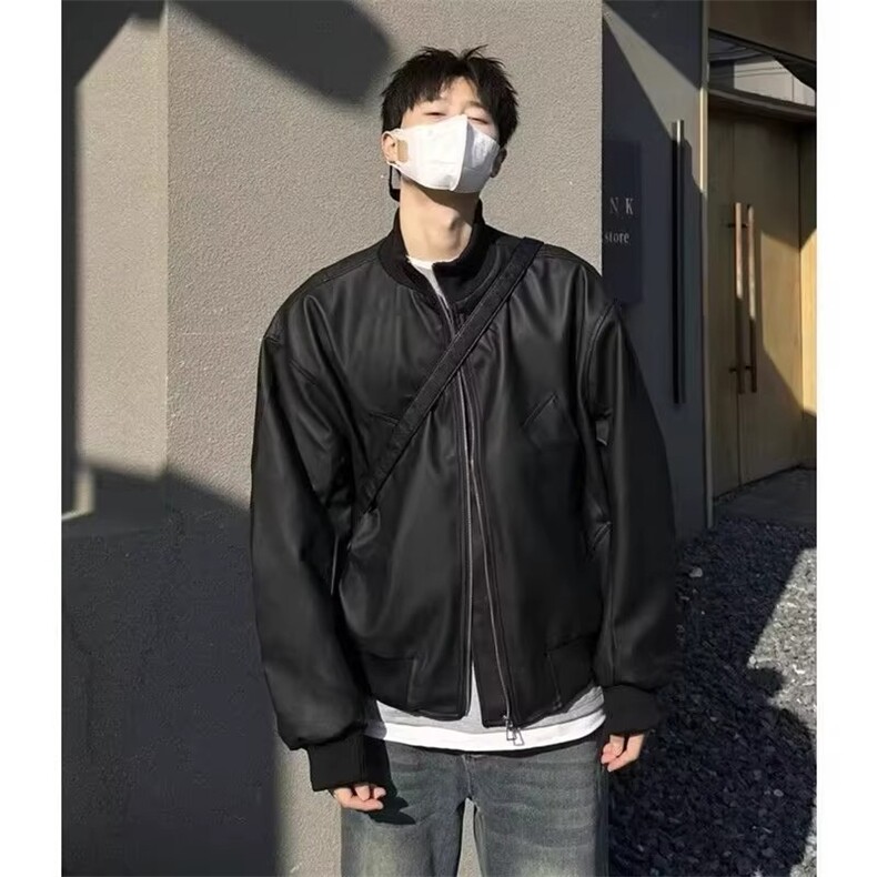 加厚夹棉pu软皮拼接防风廓形免烫立领皮衣,男装皮衣,四季星座505