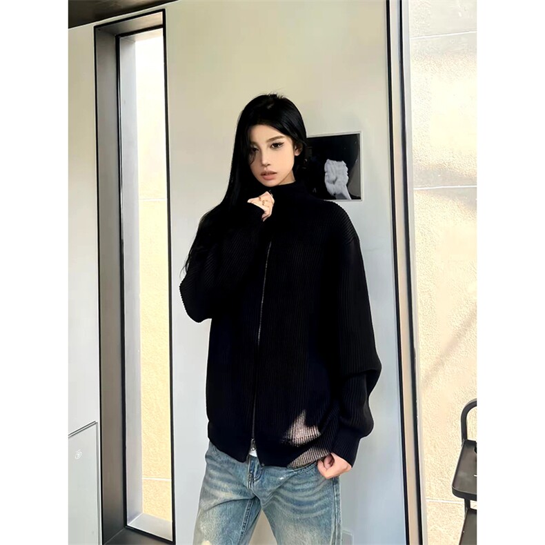 重磅秋冬北极绒双拉链毛衣开衫美式复古休闲慵懒风宽松针织衫外套,男装针织衫/毛衣,电商A486-1