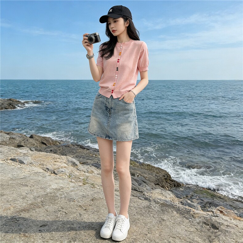 夏季新款时尚休闲简约套装宽松显瘦圆领彩色纽扣上衣牛仔裙两件套,女装套装/套裙,江南