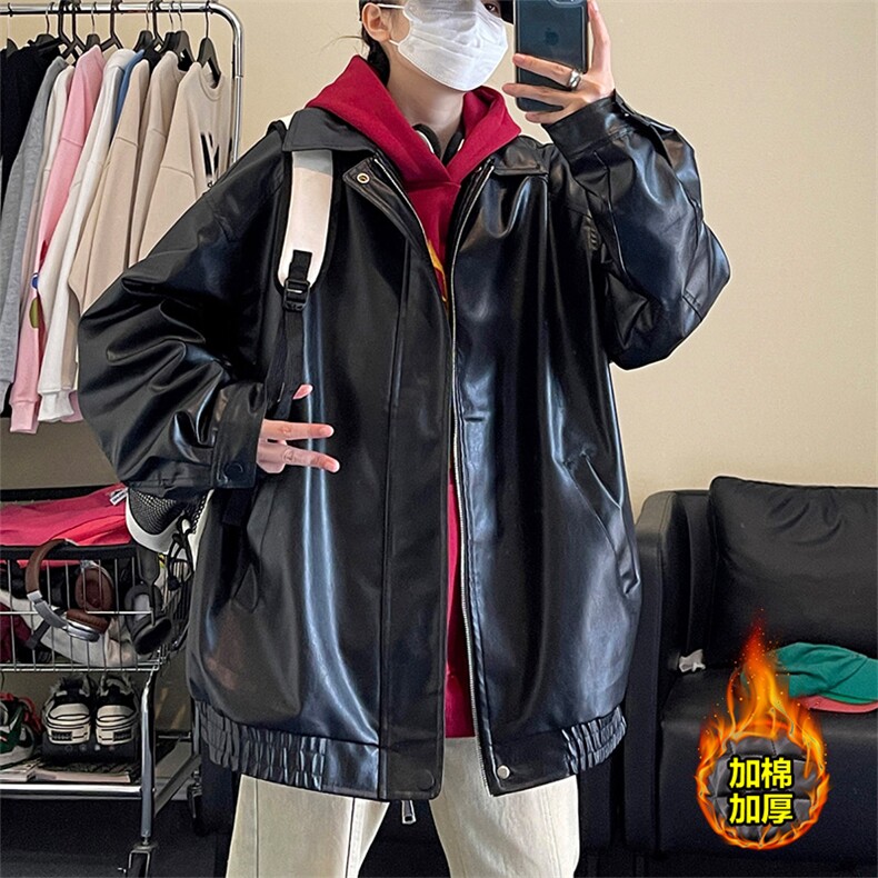 夹棉加厚冬装pu皮衣宽松夹克冬季男女棉衣外套PM7811-P82【特价】图片