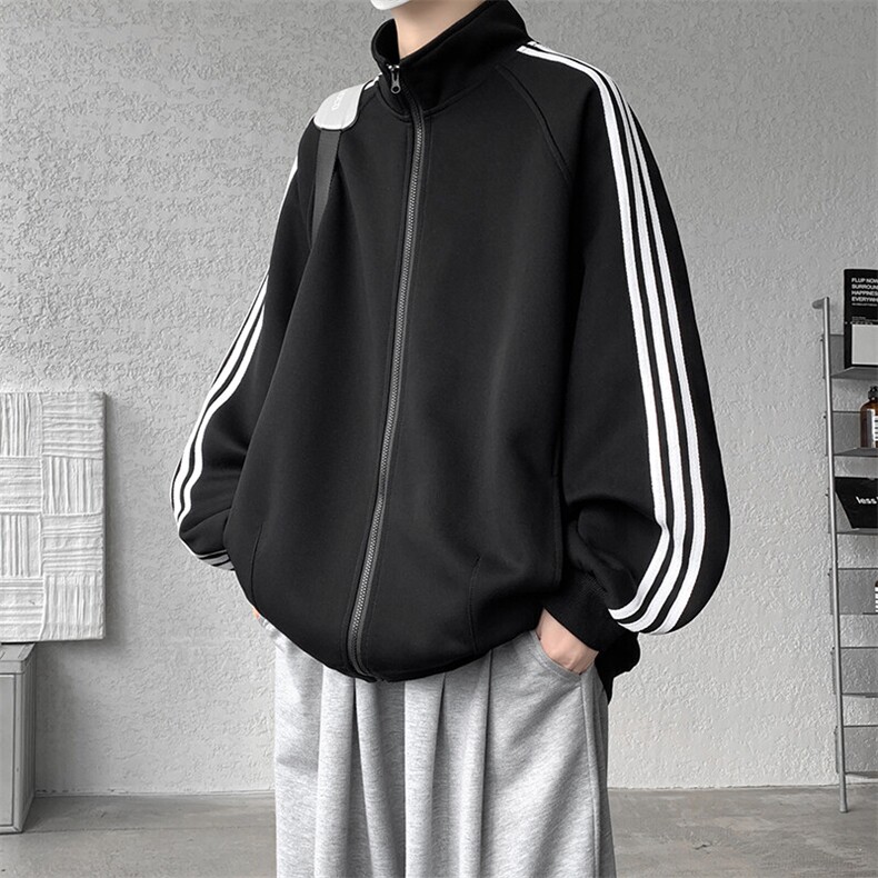 8XL-M三条杠运动卫衣特大码美式条纹立领夹克开衫外套JK5205/P65图片