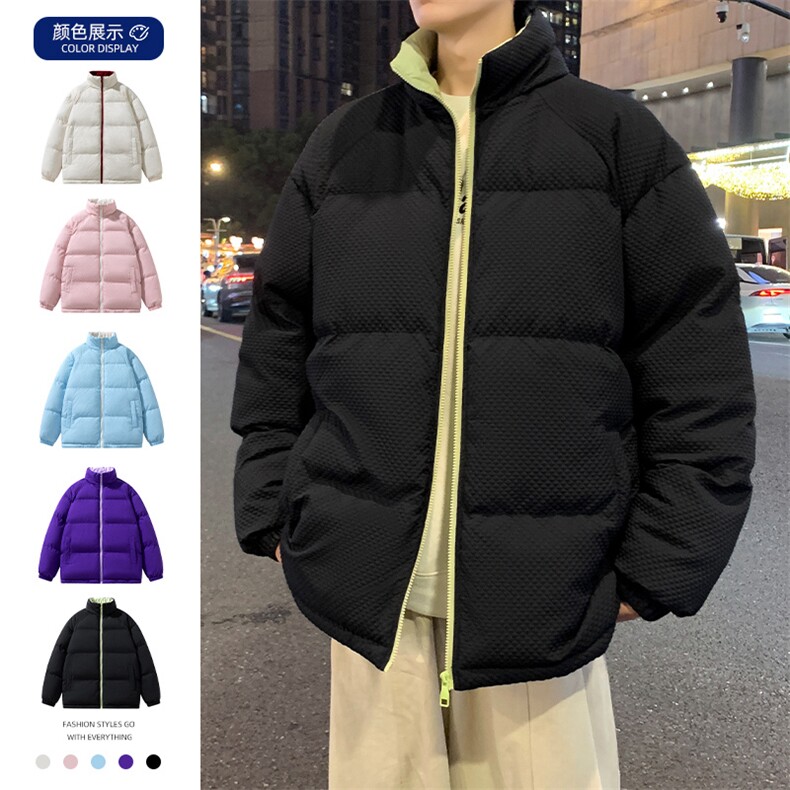 立领棉衣男士外套冬季新款加厚保暖华夫格棉服情侣款宽松冬装棉袄,男装棉衣,电商A409-1