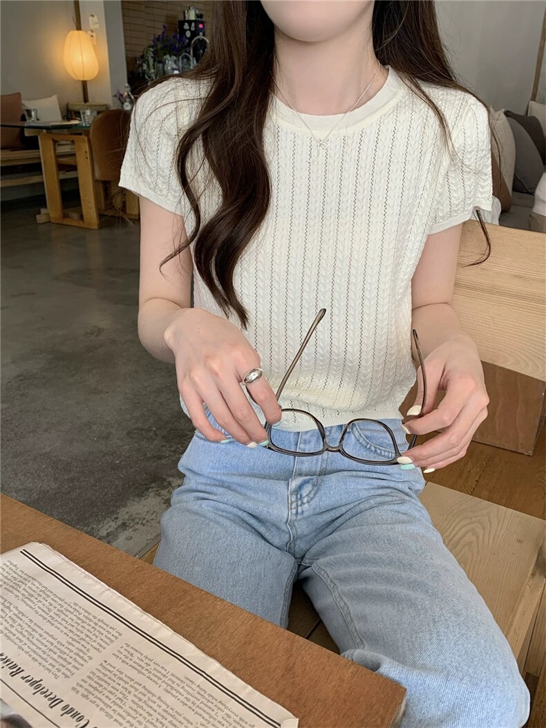 法式麻花镂空薄款天丝短袖针织衫女夏季宽松短款小个子棉麻T恤衫,女装T恤,雪真羊绒