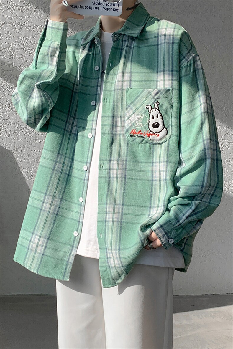 8XL-M小狗格子衬衫男长袖2025春情侣款寸衣宽松衬衣CS519P58控78,男装衬衫,电商D206-1