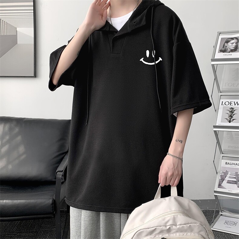 LD54204-P45连帽短袖t恤男大码胖子带帽五分袖中袖大皂风,男装T恤,电商A040