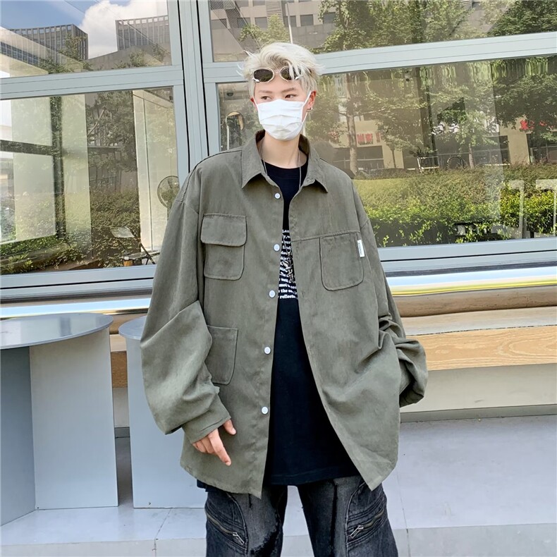 时尚衬衫男长袖秋季新款日系复古潮流潮牌痞帅百搭宽松衬衣外套图片