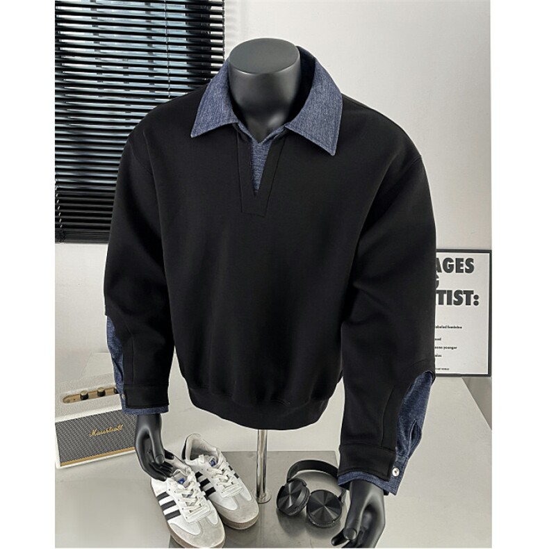 自家图！假两件翻领拼接宽松套头高级感卫衣，男装卫衣，星座617C