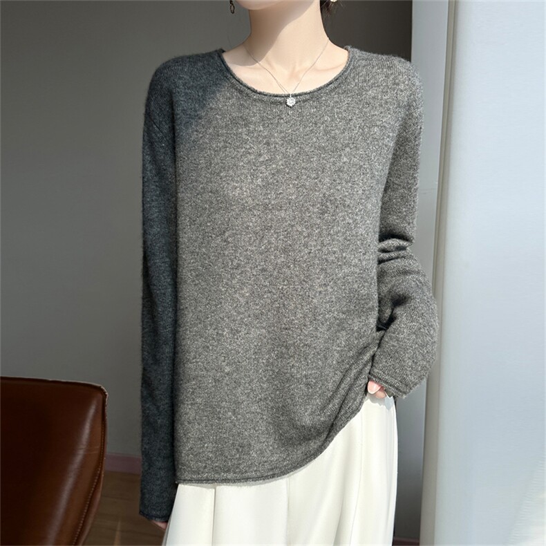 2025年秋季长袖套头时尚百搭通勤简约休闲卷边缘领，女装羊绒衫，多娇羊绒