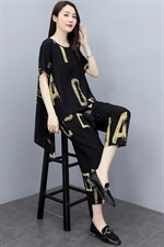 现货2026夏季新款时尚优雅气质纯色印花圆领舒适两件套大码套装，女装套装/套裙，尚洛菲