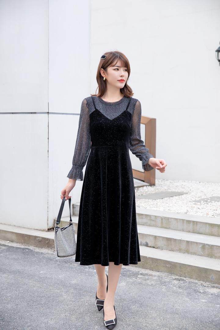 春装订货款：金丝绒搭配蕾丝连衣裙五个码、M到3个XL，女装连衣裙，拉思维加丝